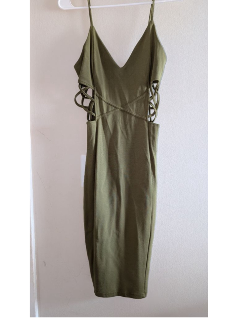 AKIRA CHICAGO Olive Green Bodycon Dress Cutouts Size Medium - Picture 2 of 9